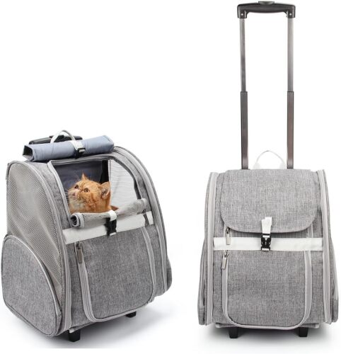 Lollimeow Pet Rolling Carrier, Dog Backpack with Wheels,Cats,Puppies Travel Bag with Wheels,Dog Trolley(Grey) - Lot 2990