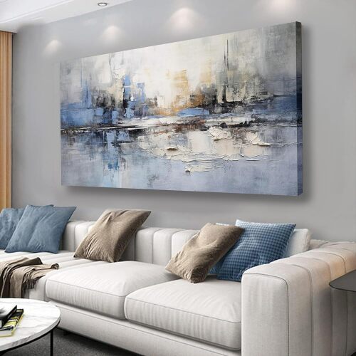 VHMING Abstract Wall Art Wall Decor Blue and Gray White Modern Canvas Wall Paintings Abstract Artwork for Living Room Bedroom Bathroom Office Home Decor Can Be Hung Directly - Lot 2945
