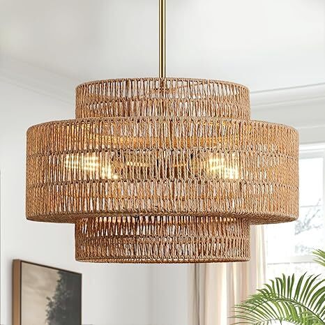 4-Light Boho Rattan Chandelier Light Fixture, 17.7” Hand Woven Rustic Chandeliers Farmhouse Chandelier Hanging Light for Dining Room Kitchen Island, Living Room, Foyer - Lot 2781