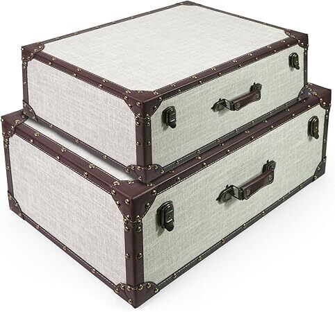 DreamsEden Large Decorative Wooden Storage Box Set, Vintage Suitcase Chest Trunk with Hinged Lid, Linen-Fabric Cover, Antique Display Chests for Home Organization - Lot 2786