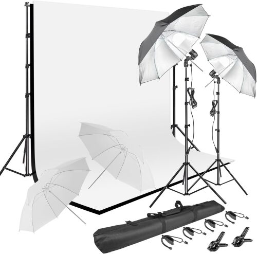 Photography Umbrella Lighting Kit with 85w Led Bulb,Muslin Backdrop (White Black), Backdrop, Clips Clamp,8.5 * 10ft Photo Background Photography Stand System for Photo Video Studio Shooting - Lot 2974