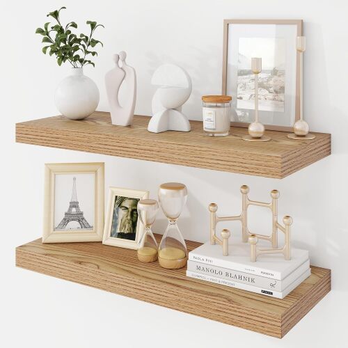 24 Inch Floating Shelves, 9.3" Deep Floating Shelf Wall Mounted, 24" Wall Shelves, Rustic Deep Bookshelf, Large Display Shelves & Storage Shelves for Bedroom, Living Room, Light Brown, Set of 2 - Lot 2979