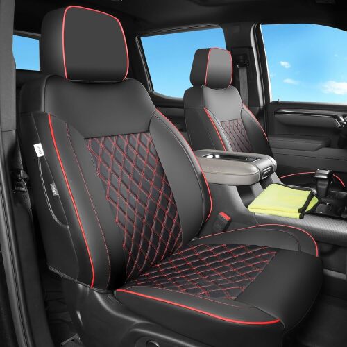 TANDI Custom Fit Silverado Seat Covers Full Set with Faux Leather for Chevy Silverado 2014 2015 2016 2017 2018 & for GMC Sierra 1500 and 2015-2019 2500HD 3500HD (Black with Red Trim, Full Set - Lot 3062