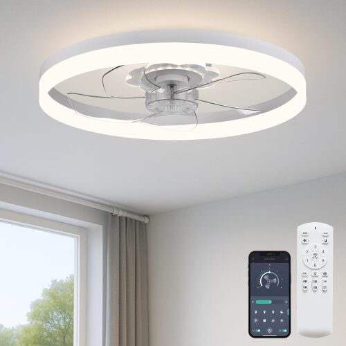 20‘’ Ceiling Fan with Light, Upgraded Low Profile Fan, Flush Mount Ceiling Fan, 6 Speeds, Dimmable LED, App & Remote Control, Quiet DC Motor, for Bedroom, Living Room, F115 White - Lot 3082