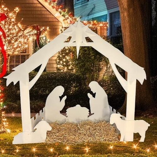 Holy Family Scene | Nativity Scene | The Birth of Jesus | Nativity Set | Yard Decoration for Holiday Xmas Outdoor Lawn Christmas Eve Decor, Easy to Assemble, Compact Storage, Waterproof - White - Lot 3087