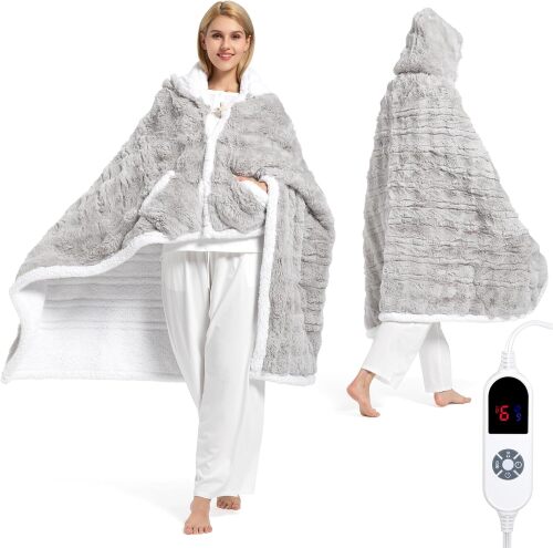 Wearable Heated Blanket Hoodie, Luxury Faux Fur & Sherpa Electric Throw Blanket, Heated Shawl Wraps Poncho with Pockets for Women Men, 3 Heat Levels & 12H Timer, ETL & FCC Certified - Lot 3048