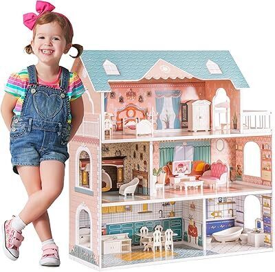 ROBOTIME Doll House Wooden Dollhouse for Kids 3 4 5 6 Years Old, Doll House w/28PCS Furniture Plastic, for 3.3”Dolls, Birthday Presents for Toddler 3+ - Lot 3093