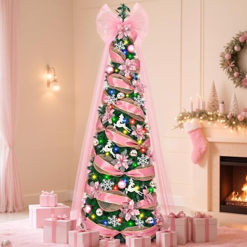 Uspring 6 FT Pop Up Christmas Tree with Lights, Artificial Collapsible Pink Christmas Trees with Remote Control & Colorful LED Light, Pre Decorated Surround Ribbon, Ball Ornaments, Holiday Party Decor - Lot 3098