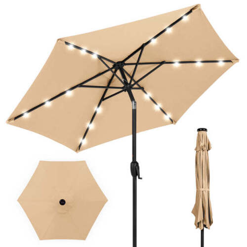 Outdoor Solar Patio Umbrella w/ Push Button Tilt, Crank Lift - 7.5ft - Lot 3069