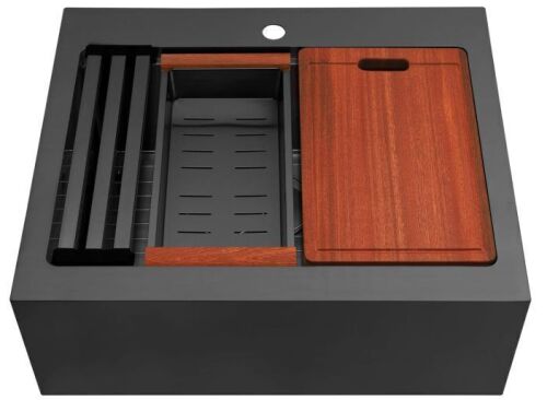 28 Inch Farmhouse Black Sink, 16 Gauge 304 Stainless Steel Farm Sinks, Drop In Topmount Single Bowl Workstation Sink with all Accessories, Deep Kitchen Sink - Lot 3001