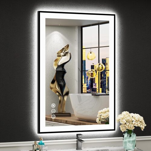 Black Framed LED Bathroom Mirror with Lights, Backlit + Front Lit, Anti-Fog Lighted Vanity Mirror for Bathroom Wall with 3 Colors, Dimmable, Memory, Tempered Glass, Horizontal/Vertical - Lot 3095