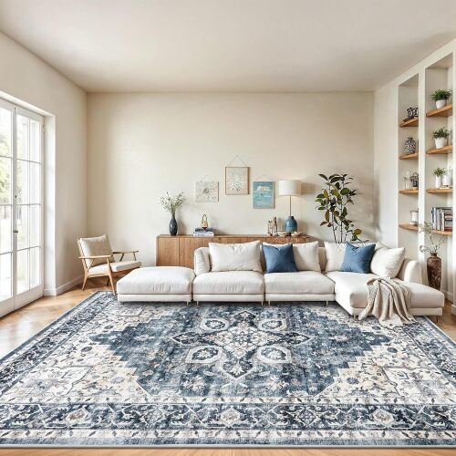 Washable Area Rug, Low-Profile Large Area Rug with Non-Slip Backing & Durable Edge Binding, Vintage Large Rugs for Living Room, Bedroom, Dinning Room - Lot 3135