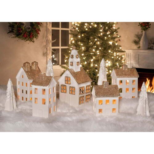 Village White Glitter 12 inch Porcelain LED Holiday Figurines 9 Piece Set - Lot 3196