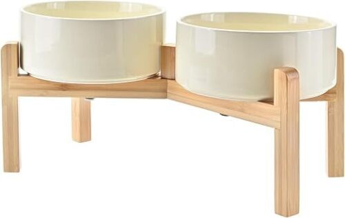 SPUNKYJUNKY Elevated Dog Bowls Ceramic, 7.3'' Dogs Food Water Bowls Raised with Non-Slip Bamboo Stand for Medium to Large Sized Breed Microwave Dishwasher Safe - 42 OZ,Beige - Lot 9698