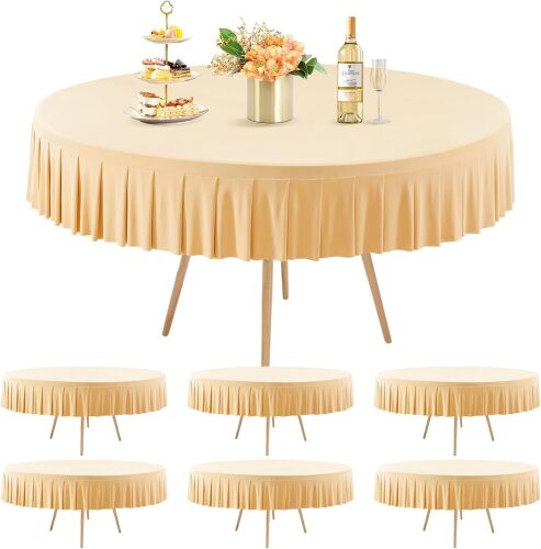 6 Pack Champagne Spandex Round Tablecloths for 60 inch Tables, Stretchy Fitted 5FT Round Table Cloth with Skirt for Wedding Party Dining Banquet - Lot 3159
