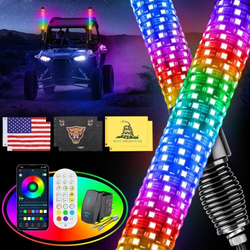 Ehaho 2PCS 2FT Fat Whip Lights for UTV ATV with Spring Base, Led Fatty Whip Light W/Rocker Switch & 6 Flags, Brighter Spiral Chasing Lighted Antenna Whip with APP & Remote Control for RZR SXS Can-Am - Lot 3169