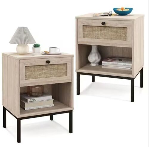 Gymax Oak 1 Drawer Rattan Nightstand Boho End Table with Open Shelf, 2 Pack - Lot 59JF