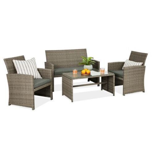 4-Piece Outdoor Wicker Conversation Patio Set w/ 4 Seats, Glass Table Top - Lot 64