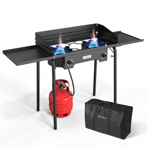 ROVSUN 2-Burner 150,000 BTU Windproof Camping Propane Stove with Side Shelves & Bag - Lot 96