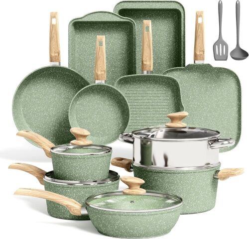 Kitchen Academy 17 Pieces Induction Cookware Set with Griddle, Green Granite - Lot 113