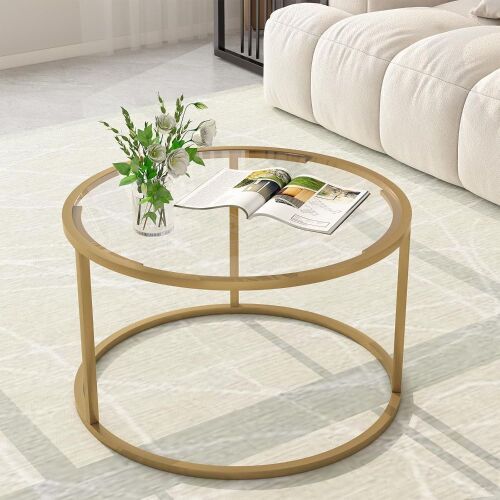 Round Gold Coffee Table for Small Space - Small Knick on Edge of Glass - Lot 403