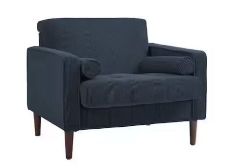 Mid-Century Modern Navy Blue Corduroy Fabric Upholstery Arm Chair with Wood Legs - Lot 46JF