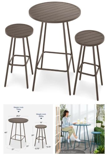 3-Piece Patio Bar Height Bistro Set w/ Backless Stools, Slatted Design - Lot 254