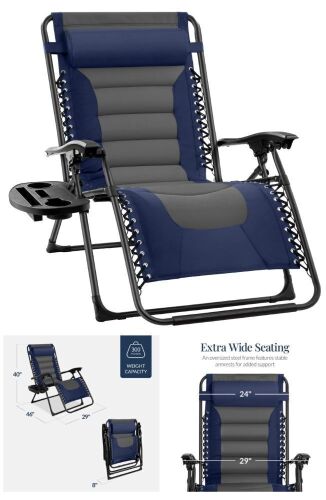 Oversized Padded Zero Gravity Chair, Folding Recliner w/ Headrest, Side Tray - Lot 256