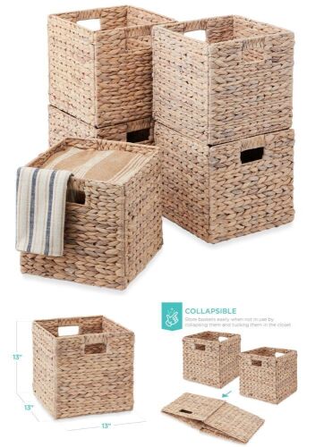 Set of 5 Collapsible Hyacinth Storage Baskets w/ Inserts - 13x13in - Lot 263