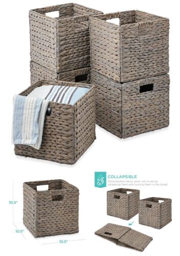 Set of 5 Collapsible Hyacinth Storage Baskets w/ Inserts - 10.5x10.5in - Lot 270