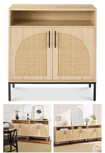 2-Door Rattan Cabinet, Buffet, w/ Cord Cutout & Storage Shelf, Natural - Lot 293