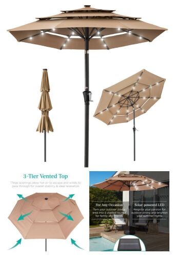 3-Tier Solar Patio Umbrella w/ LED Lights, Tilt Adjustment, Crank - 10ft - Lot 300
