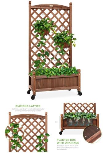 Wood Planter Box & Lattice Trellis w/ Drainage, Optional Wheels - 48in - Lot 301