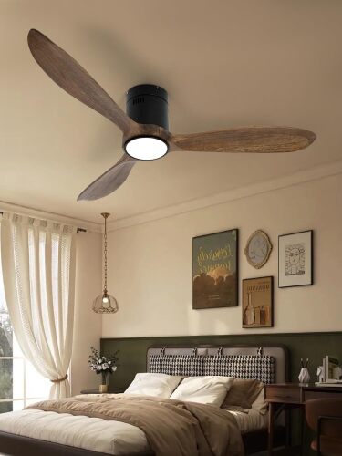 VACILL Wood Flush Mount Ceiling Fan with Light and Remote,52 inch Low Profile Ceiling Fan,Wooden Fan 3 Blades,6 Speed,LED Dimmable,DC Motor(Amber Wood) - Lot 1998