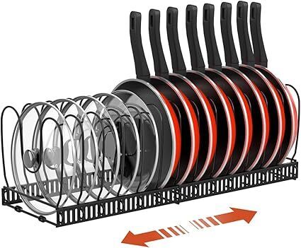 Pot and Pan Organizer Rack for Cabinet, Expandable Pot Lid Organizer Holder with 14 Adjustable Dividers, Fully Expanded Size 22.83" W x 7.09" D x 7.09" H, Black - Lot 2675