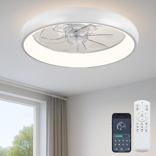 20'' Ceiling Fan with Light, Upgraded Low Profile Fan, Flush Mount Ceiling Fan, 6 Speeds, Dimmable LED, App & Remote Control, Quiet DC Motor, for Bedroom, Living Room, F109 White - Lot 3178