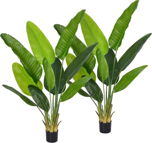 Artificial Bird of Paradise Plant, Fake Tree with Realistic Leaves and Durable pots, Adjustment-Free Branches Artificial Tree for Indoor Outdoor Home Decor (5FT 2Packs) - Lot 3220