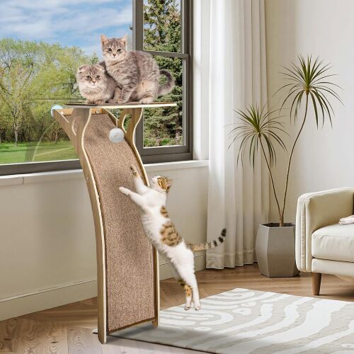 Cat Window Perch with Scratcher Ramp, 48" Climbing Tree Suctions Cups to Window Maximum Hold Up to 66lb, Supports Large Cats, Providing Pulti-Level Perches for Climbing,Resting(Deep Wood, 48'') - Lot 3226