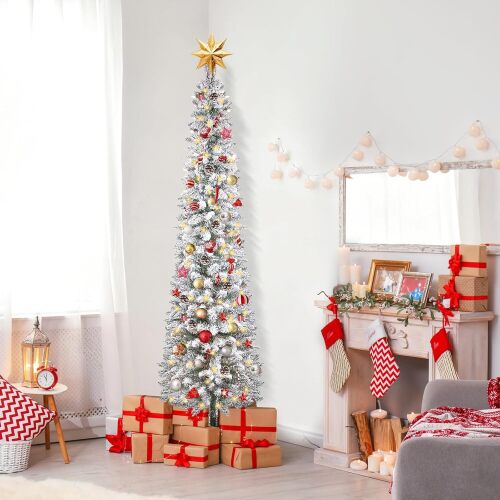 QBA 6FT Prelit Flocked Christmas Tree, Slim Pencil Tree with 400 Warm White Lights, 340 PVC Tips, Sturdy Metal Stand, Artificial Xmas Tree for Home Office Party Holiday Decoration - Lot 3245