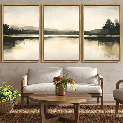 KUVIOKE Watercolor Abstract Mountain Lake Framed Wall Art Brown Landscape Nature Wilderness Painting Nordic Neutral Tan Illustration Decorative Home Decor 24x36in (Natural Framed) - Lot 3270