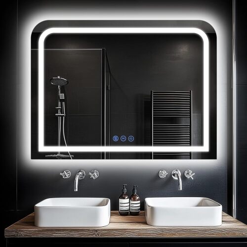 Antok LED Bathroom Mirror, LED Mirror with Lights for Bathroom, Lighted Vanity Mirrors for Wall, Anti-Fog, Dimmable, Tempered Glass, Memory Function, 3 Colors, Safe Use - Lot 3280