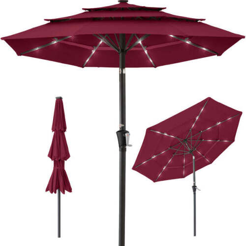 3-Tier Solar Patio Umbrella w/ LED Lights, Tilt Adjustment, Crank - 10ft - Lot 3285