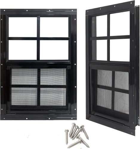 14" x 21" Shed Windows with Tempered Glass and Fiberglass Screen, 2 Pack Small Sliding Windows for Shed, Chicken Coop, Playhouse, Household, Garage, Barns (Black) - Lot 3286