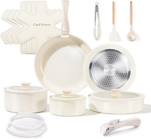 Ceramic Cookware Set Non Toxic with Detachable Handles, Healthy Nonstick Pans and Pots Set 19 Pcs, Induction Dishwasher Oven Safe Kitchen Set, PFAS PFOA & PTFE Free - Lot 3277
