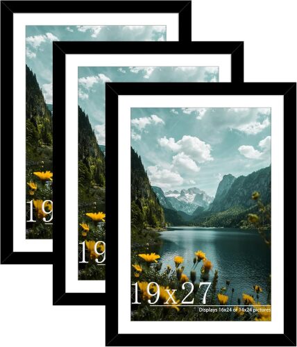 Picrit 19x27 Picture Frame 3 Pack, Black Poster Frame, Display Poster 16 x 24 with Mat or 19 x 27 without Mat for Horizontal or Vertical Wall Mounting - Lot 3292
