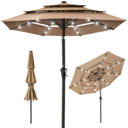 3-Tier Solar Patio Umbrella w/ LED Lights, Tilt Adjustment, Crank - 10ft - Lot 1063