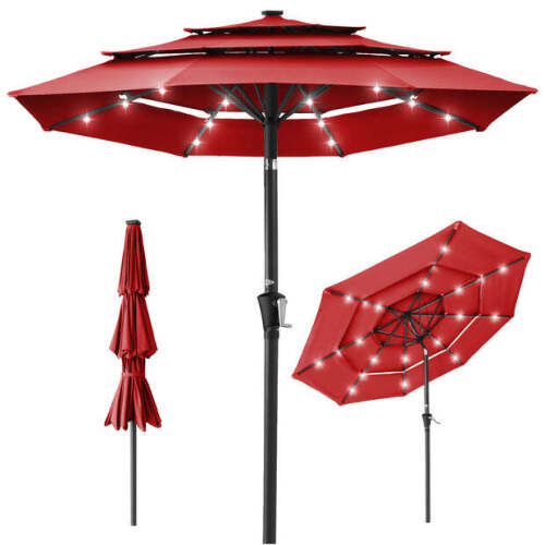 3-Tier Solar Patio Umbrella w/ LED Lights, Tilt Adjustment, Crank - 10ft - Lot 1308