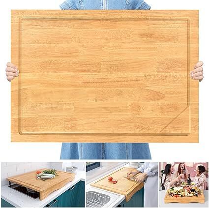 32x23.5in Extra Large Solid Wood Cutting Board and Stovetop Cover – 2-in-1 Over The Sink Cutting Board & Gas Stove Cover with Detachable Legs and Juice Groove – Ideal for Kitchen - Lot 3248