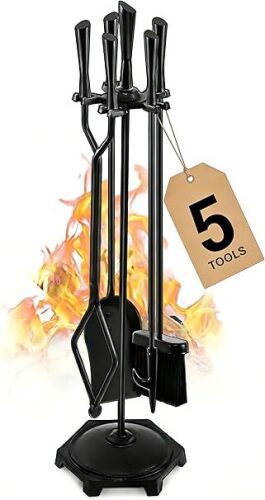 Gtongoko 5 Pcs Fireplace Tools Set 32" Black Wrought Iron Large Fire Tool Set for Outdoor/Indoor Include Chimney Poker, Rustic Tongs, Shovel, Antique Brush and Stand Accessories Set - Lot 3258