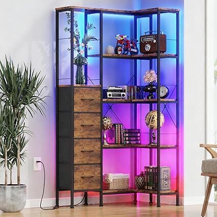Corner Bookshelf with LED Light Strips & 4 Fabric Drawers, 5-Tier Convertible Corner Shelf with Display Shelf, Large Wood Industrial Bookcase for Living Room, Bedroom, Home Office, Rustic Brown - Lot 3298